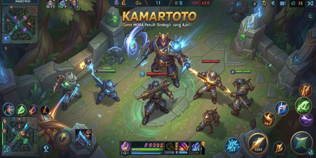 Screenshot utama KAMARTOTO menampilkan aksi pertempuran intens dalam permainan MOBA.