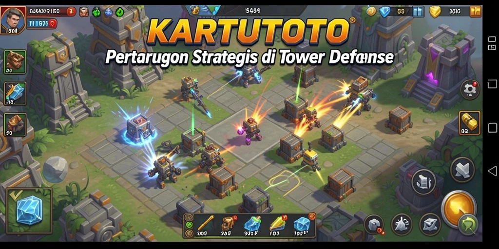 Screenshot KARTUTOTO menampilkan aksi intens menara bertahan melawan serangan musuh.