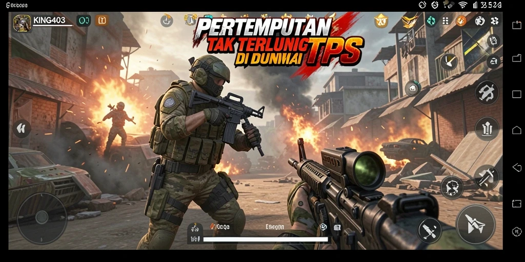 Screenshot gameplay KING403 menampilkan aksi menegangkan dalam pertempuran TPS.