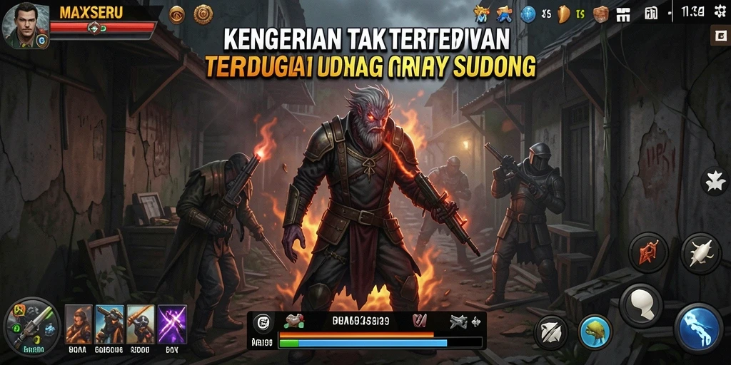 Screenshot utama MAXSERU menampilkan aksi mencekam di lingkungan gelap.
