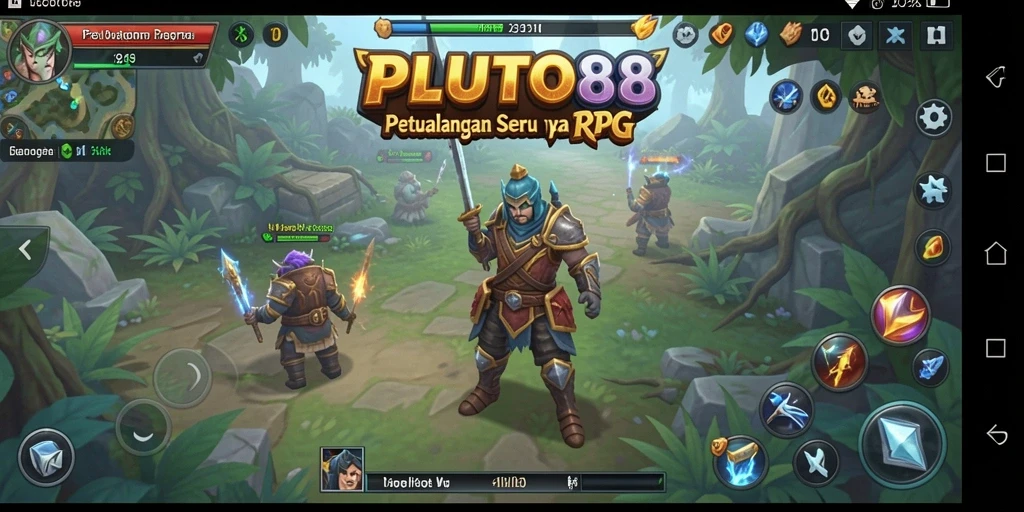 Screenshot gameplay RPG PLUTO88 dengan karakter dan pertempuran yang mendebarkan.