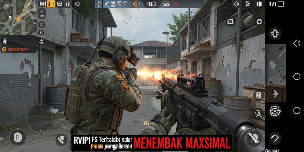 Screenshot menunjukkan aksi menembak seru dalam gameplay RVIP1.