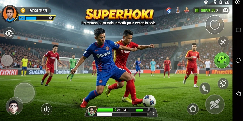 Screenshot utama SUPERHOKI menampilkan aksi seru di lapangan sepak bola.