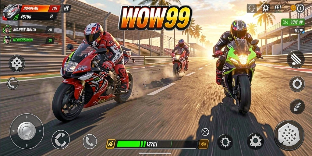 Screenshot WOW99 menampilkan balapan motor yang seru dan intens.
